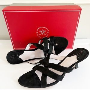 Johnston & Murphy Katy Thong Black Shimmer Suede Kitten Heel Sandals